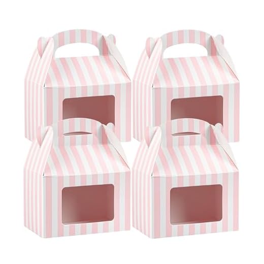 Bio Tek 4 x 2.5 x 2.5 Inch Gable Boxes For Party Favors, 25 Attractive Gift Boxes - Striped Pattern, Pink And White Paper Barn Boxes, Clear PET Window, With Built-In Handle