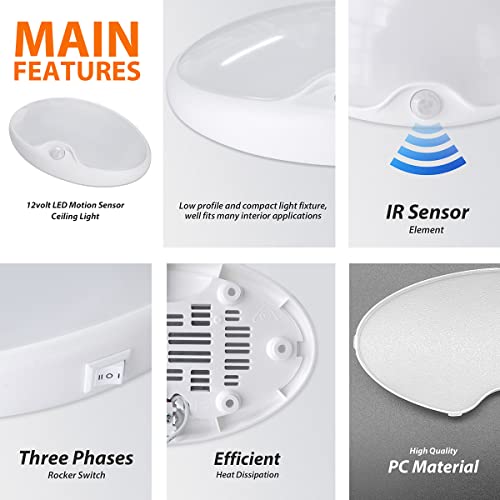 Dream Lighting 12V Dc Led Pancake Light For Rv Automotive Caravan Ceiling Lighting Fixture-With Motion Sensor Switch, Ultra Bright, 300 Lumens, 3500K #TOP2