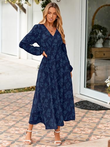 Image of Simplee Womens Boho Floral Long Sleeve Maxi Dress V Neck Empire Waist Fall Wedding Guest Dresses with Pockets