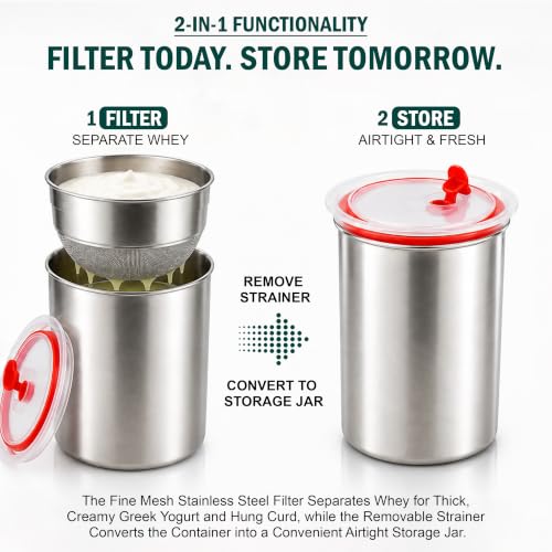 Image of JD Fresh Stainless Steel Greek Yogurt and Hung Curd Maker /Airtight Storage Container with Multipurpose Food & Oil Strainer /BPA Free Fine Mesh Stainer for Thik Homemade Curd,Panner & More (750 ML)