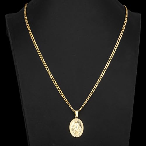 14K Gold Plated Oval Guadalupe Virgin Mary Pendant Necklace for Women Men, 3mm Flat Figaro Stainless Steel Chain Necklaces3