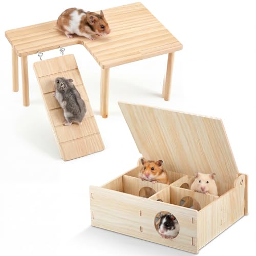 Sonwyoung 2 Pcs Wooden Hamster Platform & Chamber Hideout Flip