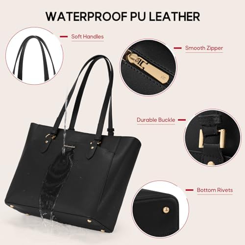 RAINSMORE Women's Large Business Shopper Bag, Waterproof PU Leather 14 Inch Laptop Bag, Lightweight Work Bag, Briefcase for Everyday, Shopping, University and Office