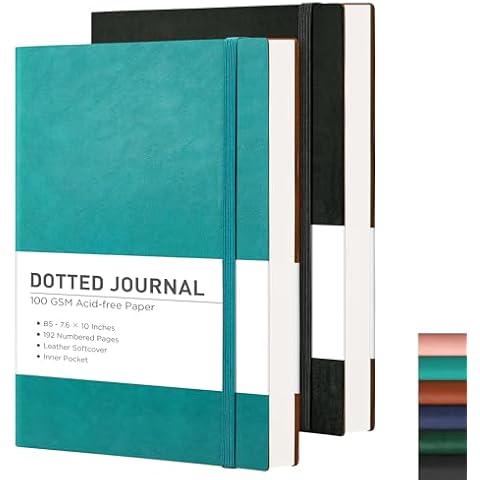 RETTACY Bullet Dotted Journal, 2-Pack, Dotted Notebook Journal with 192 Numbered Pages per Pack, Medium 7.6'' × 10'', 100 GSM Thick Paper, Leather Softcover (Black & Cyan) Cover