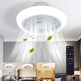 LATATA Enclosed Ceiling Fan with Lights,18In 72W Remote Control, 3 Color Temperatures, 10-Level Dimming, 3 Gear Wind Speed Fan Light Low Profile Flush Mount Ceiling Fans for Kid's Room, Bedroom
