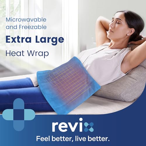 Image of REVIX Extra Large Microwavable Heating Pad for Back Comfort, Weighted Moist Heat Wrap with Flaxseed and Clay Beads, Reusable Hot and Cold Care for Neck, Shoulders, and Muscles, Blue