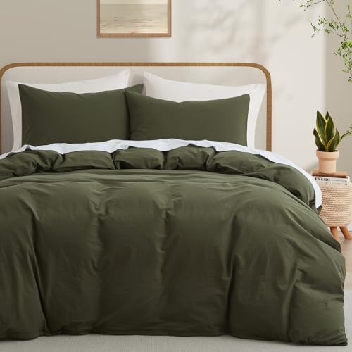 LOVQUE Olive Green Cotton Duvet Cover Queen Size, Linen Like Natural Bedding Set with Zipper Closure...