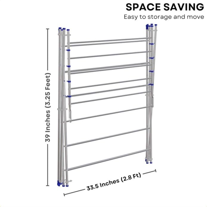 Image of RIOMAX Premium 3 Layer Foldable Clothes Drying Stand with 16 Rods & 8 Additional Hooks, Heavy Duty Stainless Steel Cloth Dryer for Indoor /Outdoor /Balcony Use (Material- SS, Silver & Blue, Pack of 1)