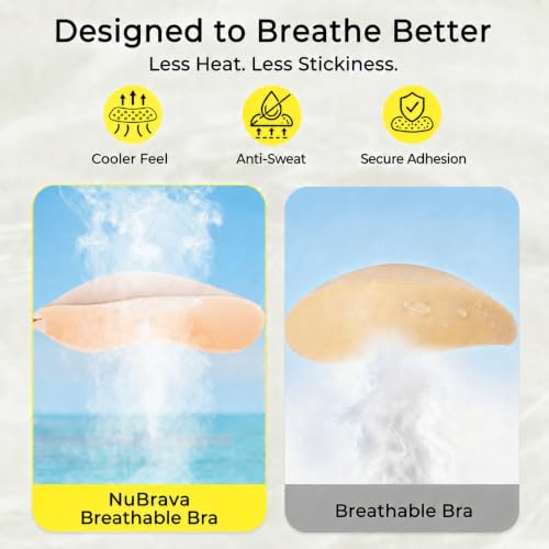 Image of Sticky Bra Push Up, Strapless Adhesive Bra Backless No Show Beige D | Perforated cups, glue-free center, stick-on hold, front clasp lift, reusable Invisible bra for low-cut outfits and hot days