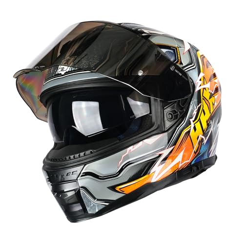 Image of HAX Force Aerodynamic Full Face Motorcycle Helmet for Street Bike DOT & ECE | Thunder Orange M, Glow-in-the-Dark, Dual Visor, Adult Fit, Quick Release Buckle, Pinlock & Bluetooth Compatible