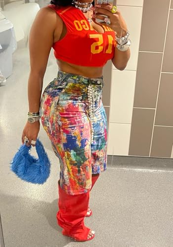 NRTHYE Women Colorful Tie Dye Bermuda Denim Shorts Baggy High Waist Straight Leg Multicolor Graffiti Jean Shorts3