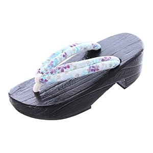 K-G-61-3 Lichtblauw Sakura Bloemen Hout Zwart Originele Japan Geta Sandaal Tabi Kimono Geisha Teenslippers