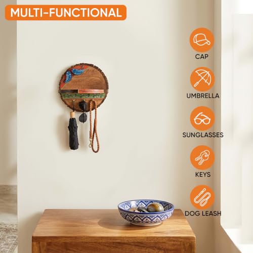Image of AAKRITI ART CREATIONS Love Birds Wall Decor Shelf Cum Key Hanger | Rustic Wooden Wall Organizer with 3 Hooks | New Home Gifts | Multifunctional Entryway Decor Item