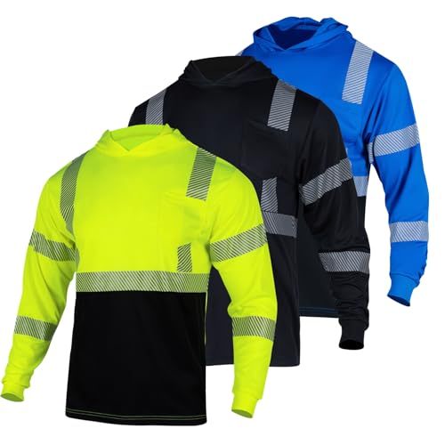 FONIRRA 3 Pack Hi Vis Shirts for Men Safety Reflective Long Sleeve Construction Work Shirt with Hood ANSI Class 3