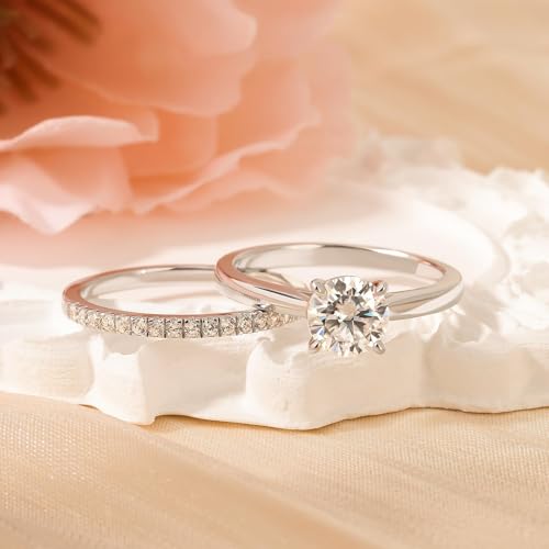 Image of Jeulia Round Cut Moissanite Engagement Ring Set for Women | D Color VVS1 925 Sterling Silver Wedding Band & Promise Ring Bridal Set | with Gift Box, Anniversary Proposal Gift for Her