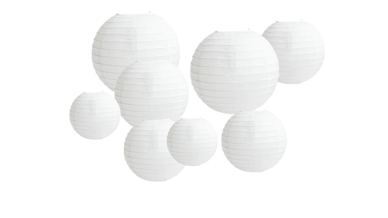 8 PCS Paper Lanterns, Round White Paper Lantern with Wire Ribbing, Different Sized White Lampshades, 6