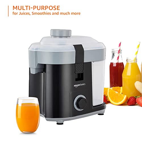 Image of amazon basics 450 W CENTRIFUGAL JUICER WITH PUSHER | REMOVABLE PULP CONTAINER | SS MESH FILTER & 3 SPEED SETTINGS I FOR JUICING FRUITS | VEGITABLES & MORE | ISI-MARKED | BLACK 450 Watts