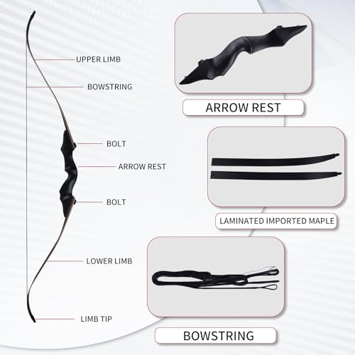 Black Hunter Recurve Bow 60\" Right-Handed Bow Ergonomically Designed for Comfortable Grip Suitable for Beginners and Longbow Enthusiasts to Train Or Hunt (35LB Bow Without Arrow Set)