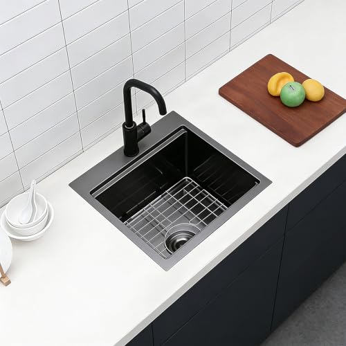 IKEBANA 18x18 Inch Black Bar Sink drop in, 9 Inch Deep 16 Gauge Stainless Steel Topmount Black Small Kitchen Sink, Single Bowl Wet Bar Outdoor RV Prep Sinks With Dish Grid & Drain by IKEBANA - Used condition - Image 6