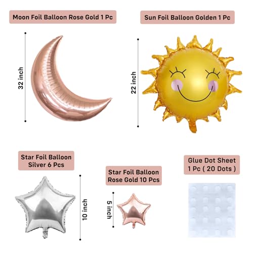 Image of Party Propz Rose Gold Balloon Decoration Set -19 Pcs Sun and Moon Theme Decor with Moon Foil, Sun Foil Balloon, Rose Gold Star Balloon, Glue Dot Sheet