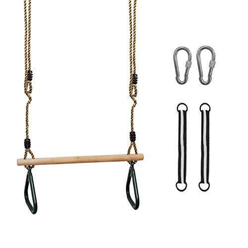 Leogreen - Houten Trapeze Swing, Kindergym & Ringen, Groen, 200 cm, Snap Hook en riem, Materiaal: Kunststof (PP, PE), Accessoires: (2x) Haken (2x) Riemen