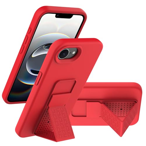 LAUDTEC Silicone Kickstand Case Compatible with iPhone 16E, Vertical and Horizontal Stand Hand Strap Metal Kickstand Cover, Flexible Soft Liquid Silicone Stand Case for iPhone 16E (Red)
