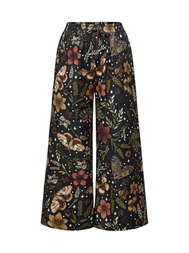 WDIRARA Women's Plus Size Butterfly Floral Print Wide Leg Pants Drawstring Waist Palazzo Pants