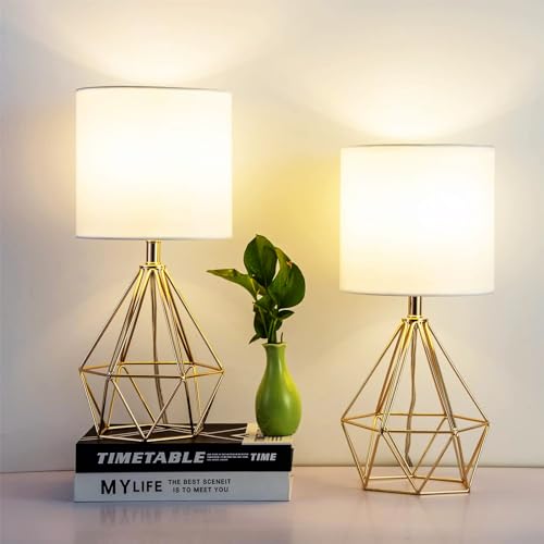 SOTTAE Gold Table Lamps Set of 2, Small Gold End Table Lamp with White Fabric Shade,Bedside Nightstand Lamp with Geometric Metal Design,Modern Desk Lamp for Living Room Bedroom