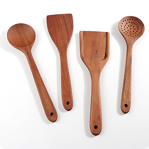 Juego de utensilios de madera de acacia 4 piezas, juego de utensilios de cocina antiadherentes, cuchara de madera inicluding cuchara, skimmer, espátula, volteador (paquete de 4) Cover
