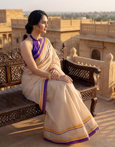 Image of SIRIL Women's Cotton Linen Printed, Zari Border One Minute Ready To Wear Saree With Unstitched Blouse Piece