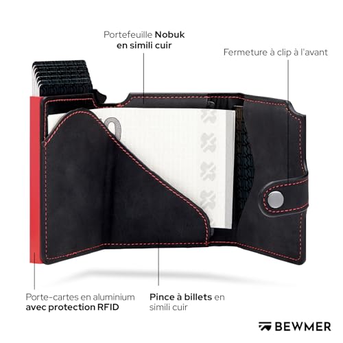 BEWMER v2 Portefeuille Homme&Femme en Similicuir avec Protection RFID Anticlonage | Porte Carte Homme&Femme pour 9 Cartes De Crédit, avec Poche Monnaie | Portefeuilles Et Porte-Cartes Noir-Rouge – vue 4