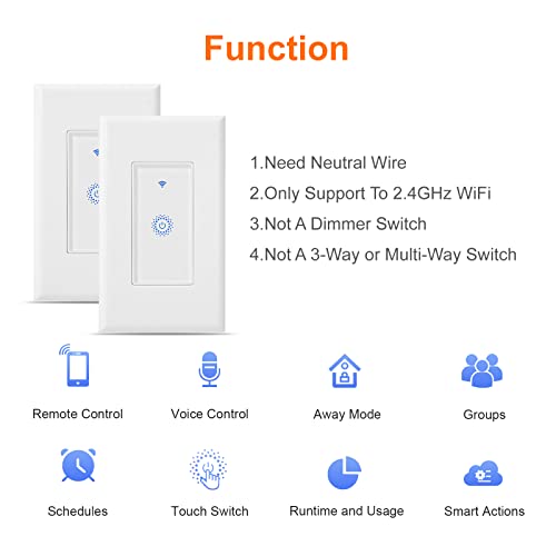 Smart Light Switch, 2 Pack Wifi Light Switch, Milfra Alexa Smart Switch Compatible With Google Assistant, Only Support 2.4Ghz Wifi, Required Neutral Wire. #TOP1
