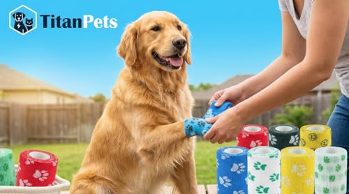 Image of Dog Bandage Cohesive Wrap for Paw & Leg | 7.5cm x 4.5m - Pack of 4 | Easy Tear, Fur Safe | Self Adhesive Elastic Vet Tape for Walking Protection, Wound Care & Licking Prevention Bandage Roll