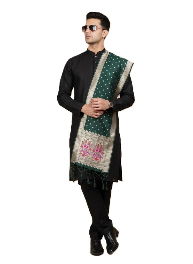 muffly Men's Woven Paithani Banarasi Silk Dupatta For Men Length 2.3 Meter (Dark Green & Golden)-picture-25