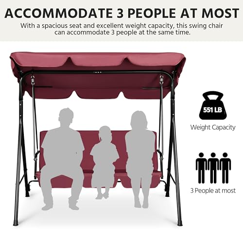 Image of Yaheetech 3-Seat Patio Swing Chair, Outdoor Canopy Swing with Adjustable Canopy & Removable Cushion, Hanging Lounge Chair for Patio, Garden, Yard, Porch - Burgundy | Outdoor Glider Swing, 550lb Capacity, Tilting Sunshade, Anti-Slip Pads, Weather-Resistant Fabric, Ez up, Sturdy A-Frame