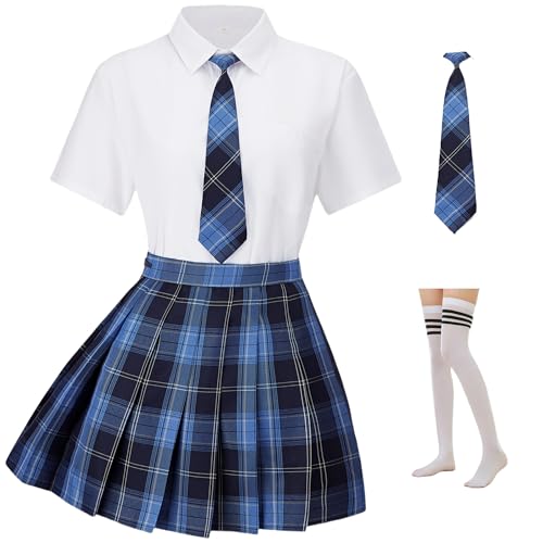 Yarawphy Women's Anime School Girl Uniform Short Sleeve Japanese Style Sailor School Girl Outfit Halloween Full Set Blue L