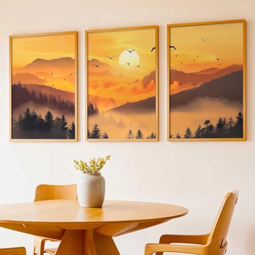 Image of kotart Big Aesthetic Sunset View Wall Art Paintings | Mountains Landscape Framed Painting | Vastu Frames for Living Room Bedroom Wall Decor Set Of 3 (13X17 inch)