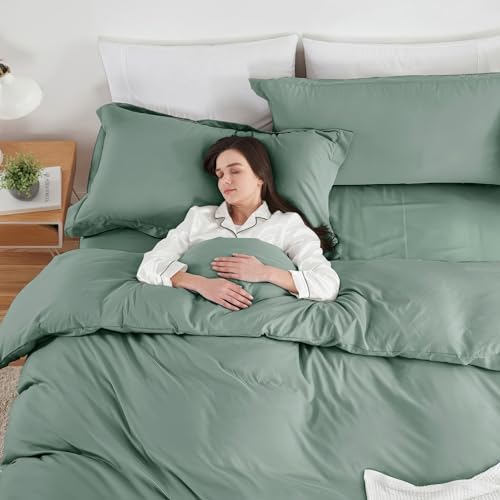 Image of Hearth & Harbor Sage Green Duvet Cover with Fitted Sheet Queen Size | 4 Piece Soft Double Brushed Bedding Set, Button Closure, 1 Duvet Cover 90x90 Inches, 1 Fitted Sheet, 2 Pillow Shams