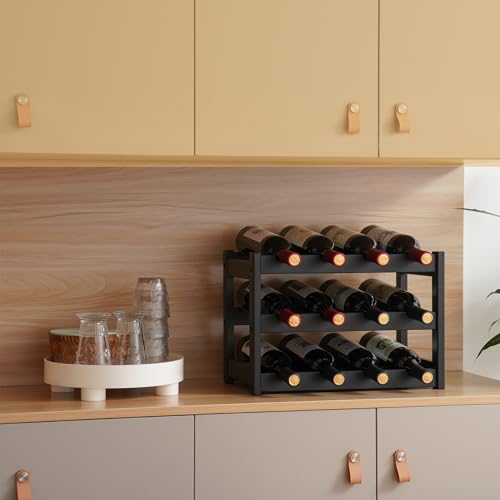 Miniatura 2 de Vasmia Botellero De Bambú, Soporte Para 12 Botellas, Estantes De Almacenamiento Independientes De 3 Niveles Para Cocina, Despensa, Bodega Bar,Negro