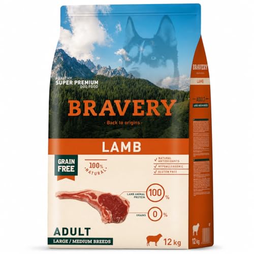 Bravery Crocchette Agnello Cane Adulto Medium/Large 12 Kg – Monoproteico, Ipoallergenico, Grain Free e Gluten Free – Alimento Completo Super Premium 100% Naturale con Zip Salvafreschezza