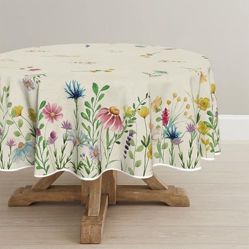 Horaldaily Spring Tablecloth 70×70 Inch Round, Wild Flowers Washable Seasonal Table Cover for Party Picnic Dinner Decor by Horaldaily - Used condition - US$10.21