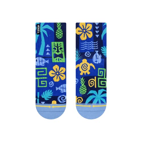 MERGE4 Aloha Ahiahi Quarter Crew Socks Blue Performance Socks with Good Wibes and Elastic Arch Support