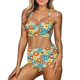 Panskyllis Daisy Hippie Flower Swimsuit Sets for Women High Waisted Bottom Two Piece Bikini Push Up Bathing Suit Wrap Front Swimwear Tummy Control Size S-2XL