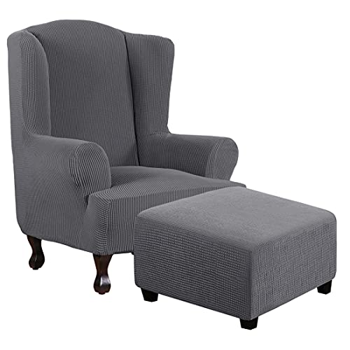 1 Piece Wing Chair Covers Bundles Square Ottoman Slipcovers, Gray