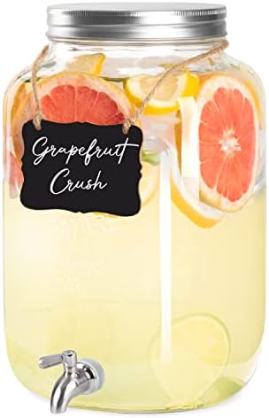 Ilyapa 2 Gallon Drink Dispenser - Wide Mouth Glass Drink Dispenser - 100% Leak Proof Stainless Steel Spigot with Glass Flip Top Lid, for Parties, Weddings, Lemonade, Cold Water