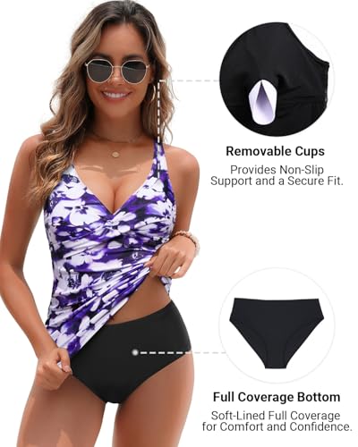 Image of Yonique Plus Size Tankini Swimsuits for Women Blouson Tankini Tops with Swim Shorts Two Piece Bathing Suits