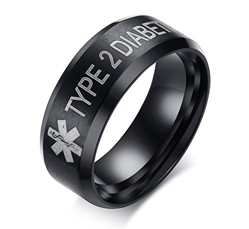 Vnox 8Mm Stainless Steel Type 2 Diabetes Medical Symbol Band Ring For Men Women,Black,Size 13 #TOP23