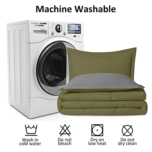 Lovtex 3Pcs Queen Comforter Set - Ultra Soft Washed Microfiber Comforter Sets For Queen Bed - Reversible Down Alternative Comforter With 2 Pillow Shams(Olive/Charcoal) #TOP5