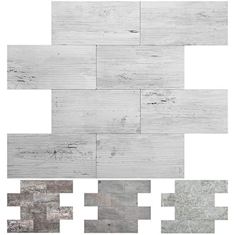 White/Gray Wood Peel and Stick Subway Tile Backsplash, 10 Sheets PVC Light Rustic Backsplash Wood Tile for Kitchen Cover