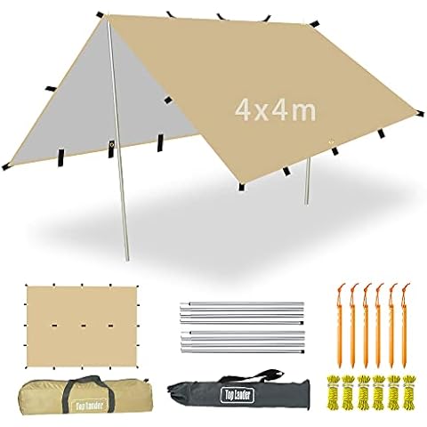 4x4m Camping Tarp with Pole Multifunctional Hammock Tent Shelter Lightweight Awning Canopy for Bushcraft Backpacking Outdoor Survival Bivvy Gazebo Cover